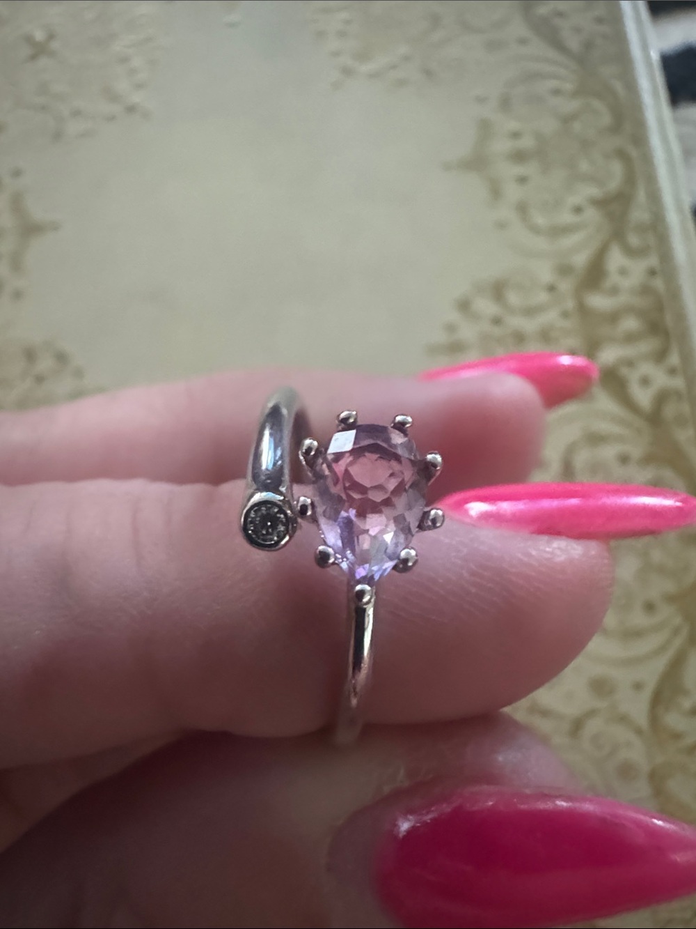 Sterling Silver Pear-Cut Pink Gemstone Ring - Elegant Open Band